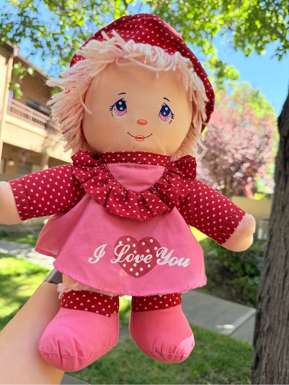 Vintage 1987 I Love You Dolly Mine 14” Soft Rag Doll Stuffed Plush Pink red VTG